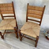 Pair of straw and solid oak chairs