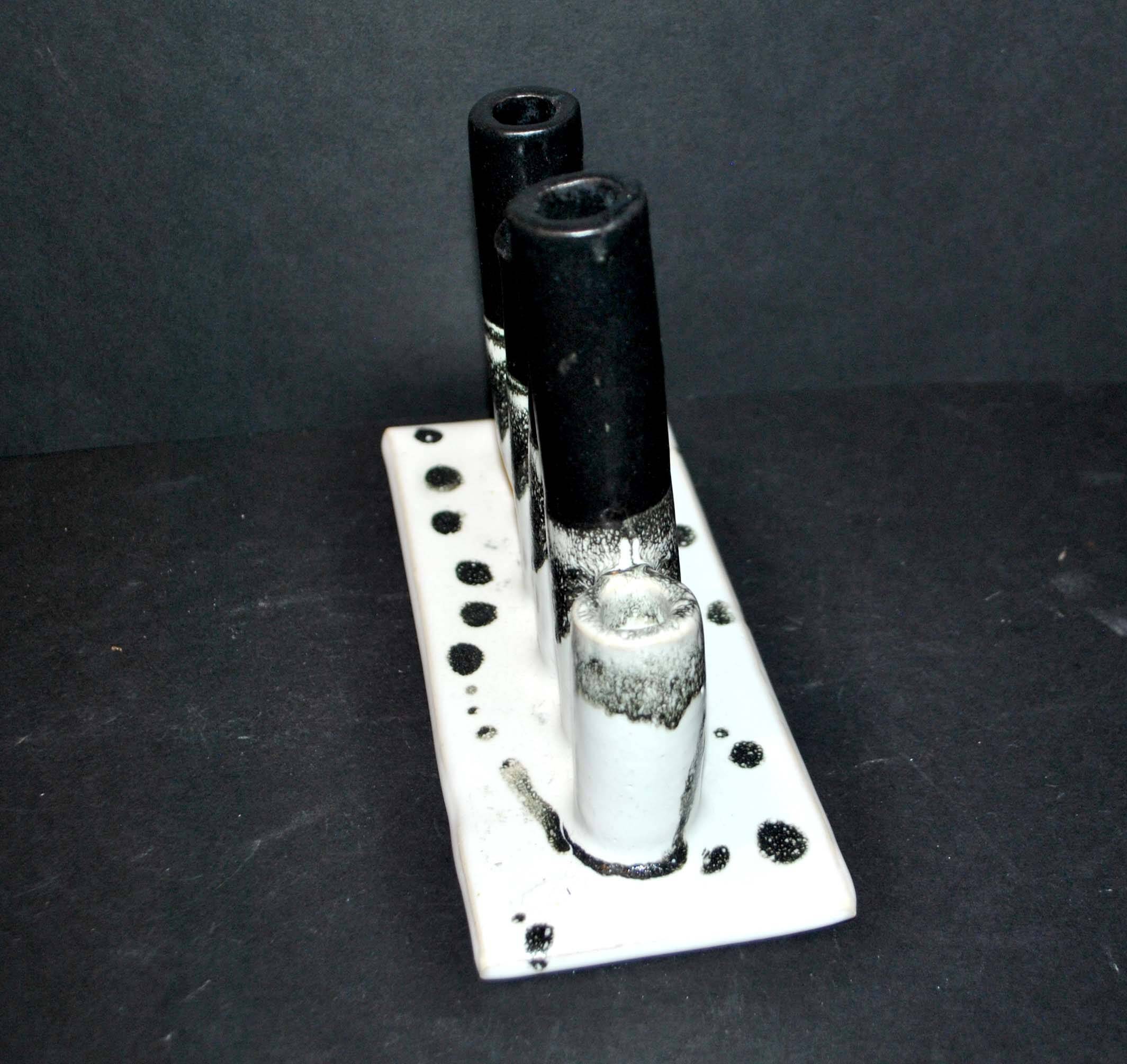Vintage black and white ceramic soliflore vase - brush holder