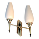 Small two-light wall lamp, white opaline and gilded brass, Circa 1960.
