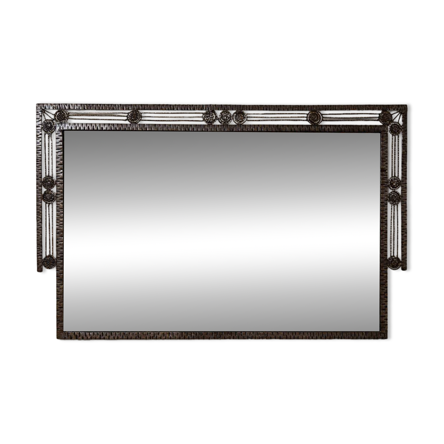 Large Art Deco mirror in hammered iron – Geometric decoration with rosettes