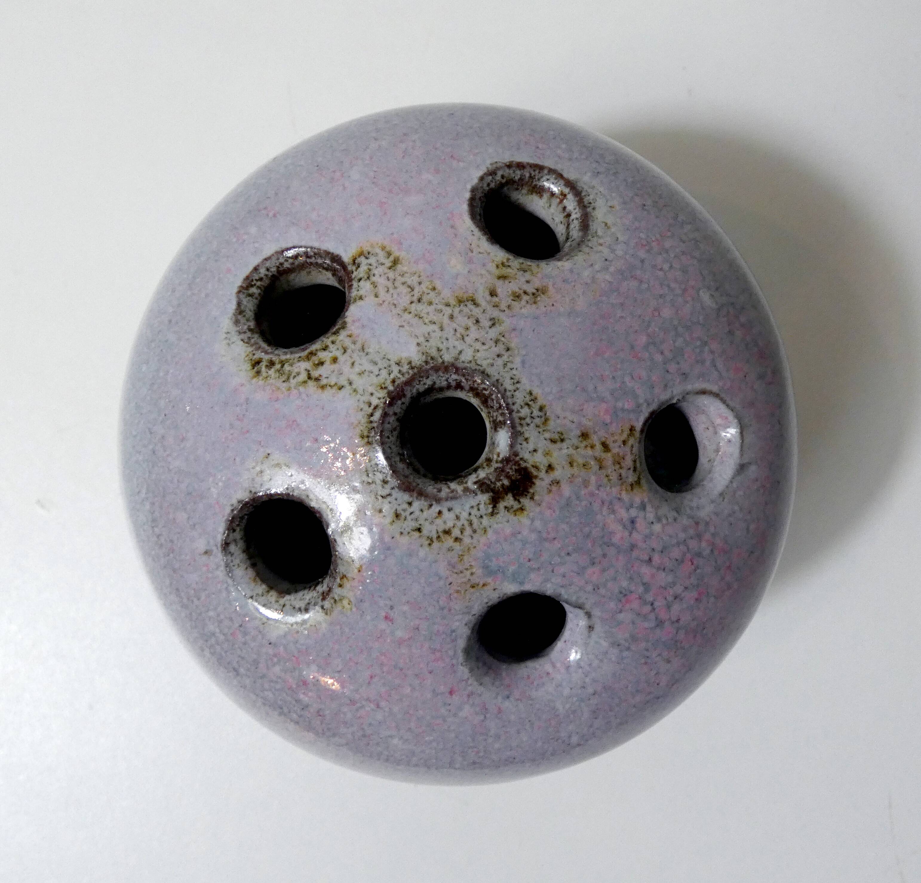 Vintage design stoneware flower frog, signed ball vase