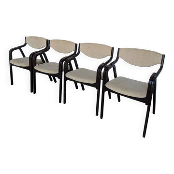 SET of 4 Vintage Bentwood Dining Chair: 1970s Mid-Century Black Wood & Beig