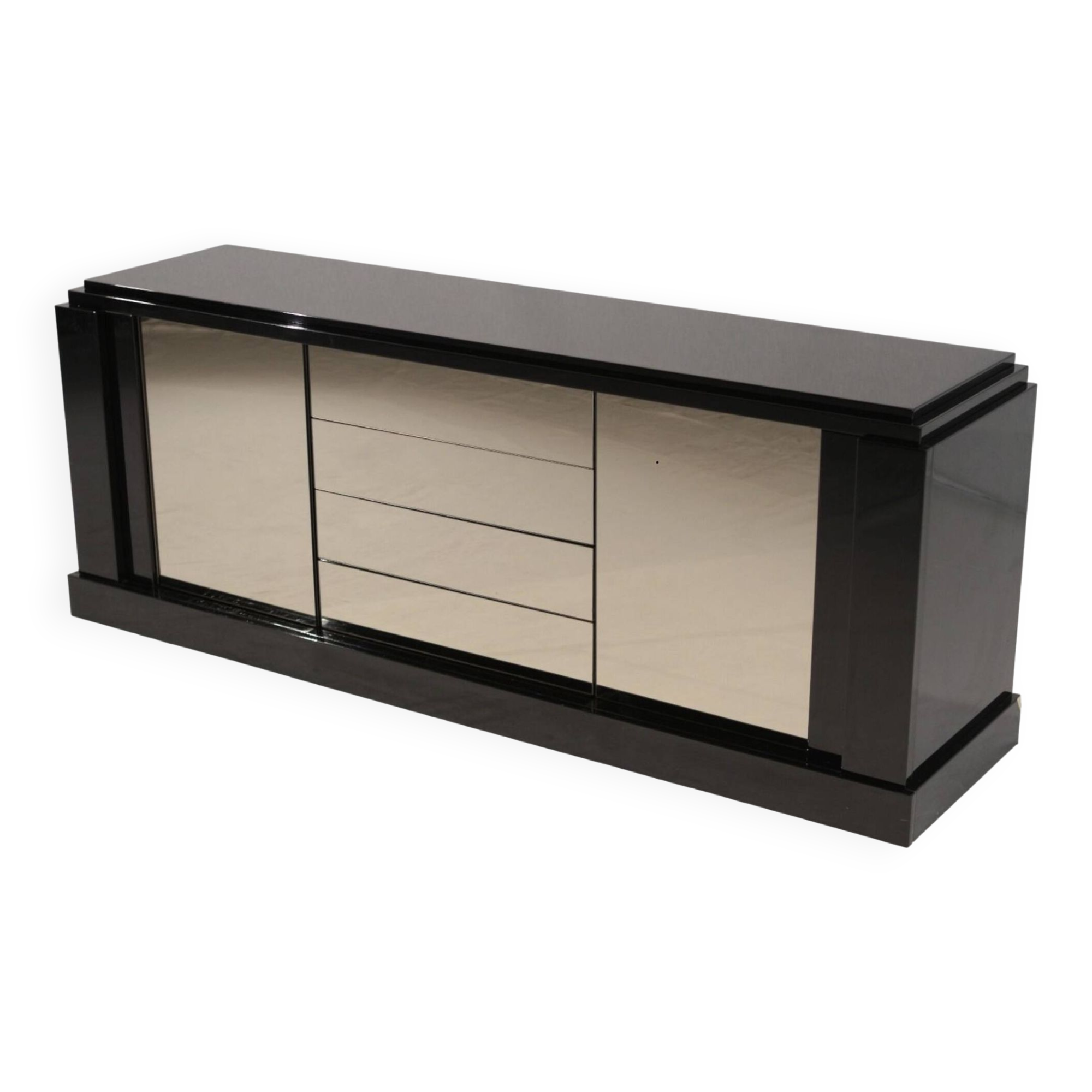 Roche Bobois sideboard black lacquer and mirror signed Paul Michel 80s