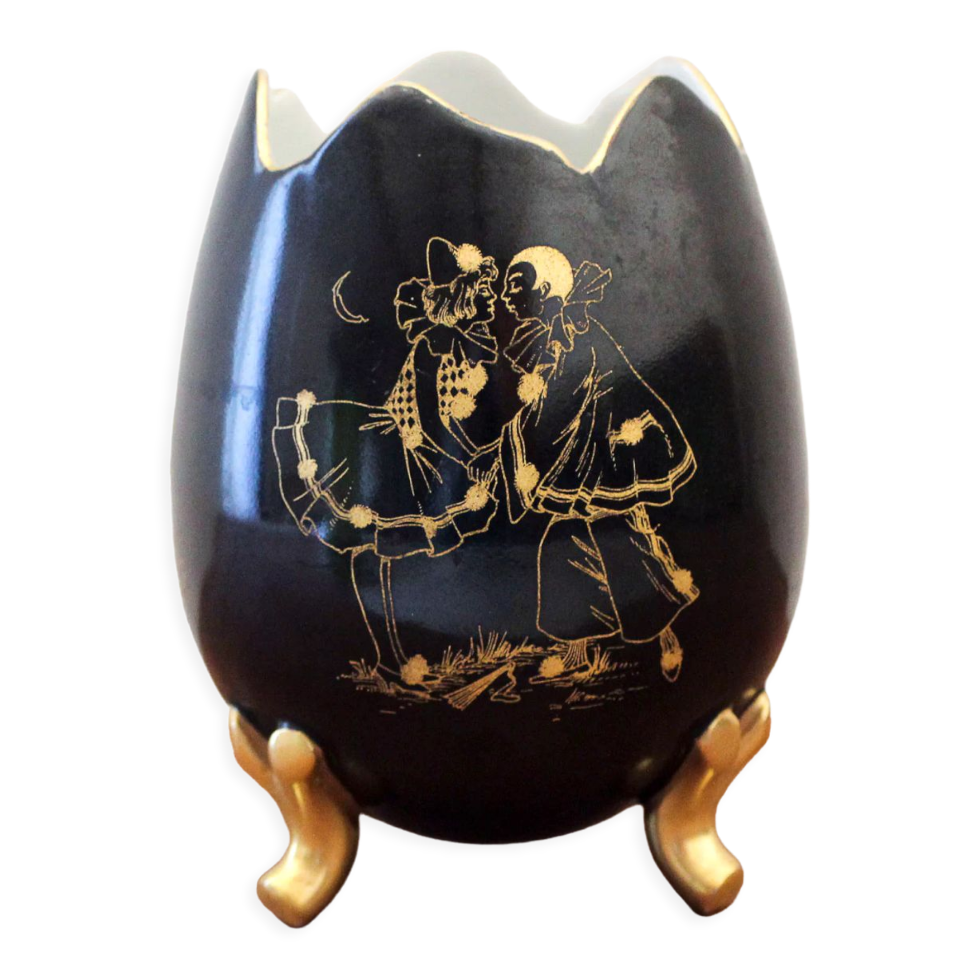 Egg-shaped porcelain vase decorated with Pierrot and Columbine