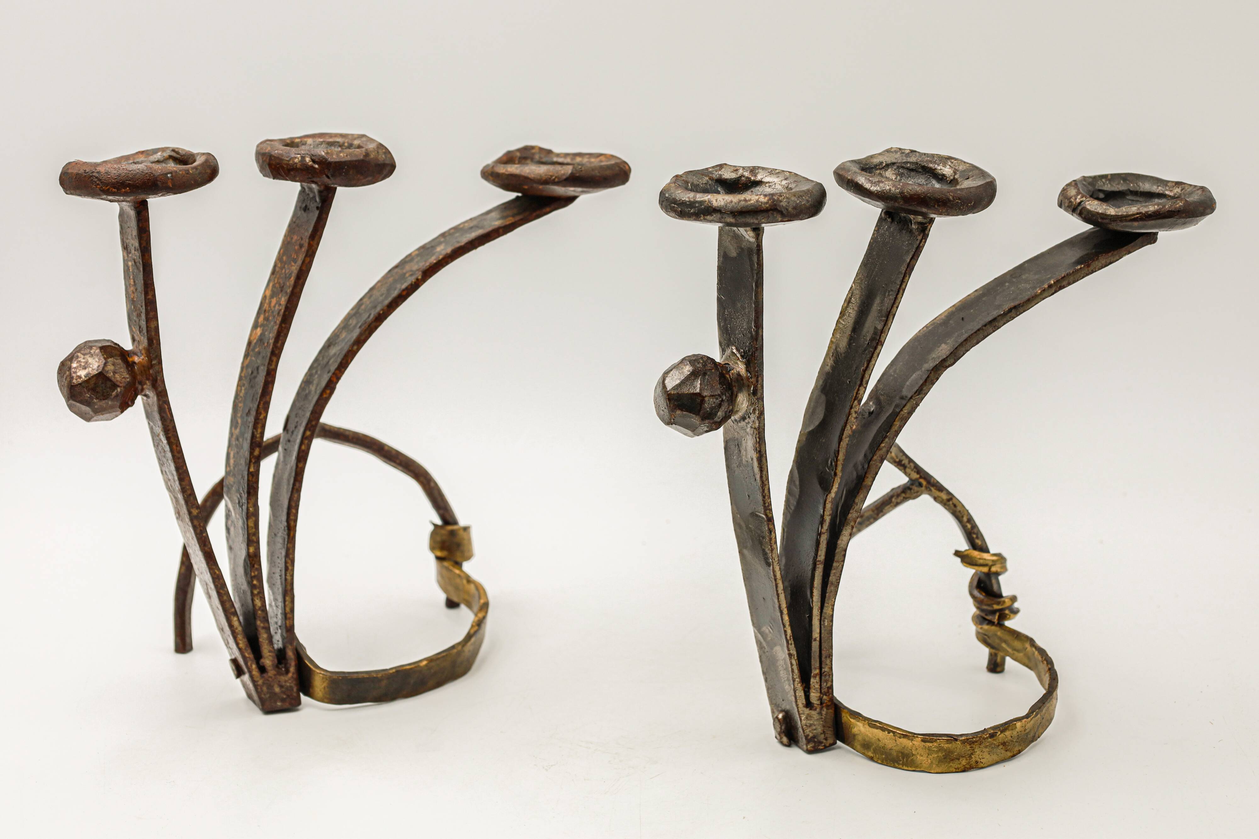 Pair of brutalist wrought iron candlesticks, French work