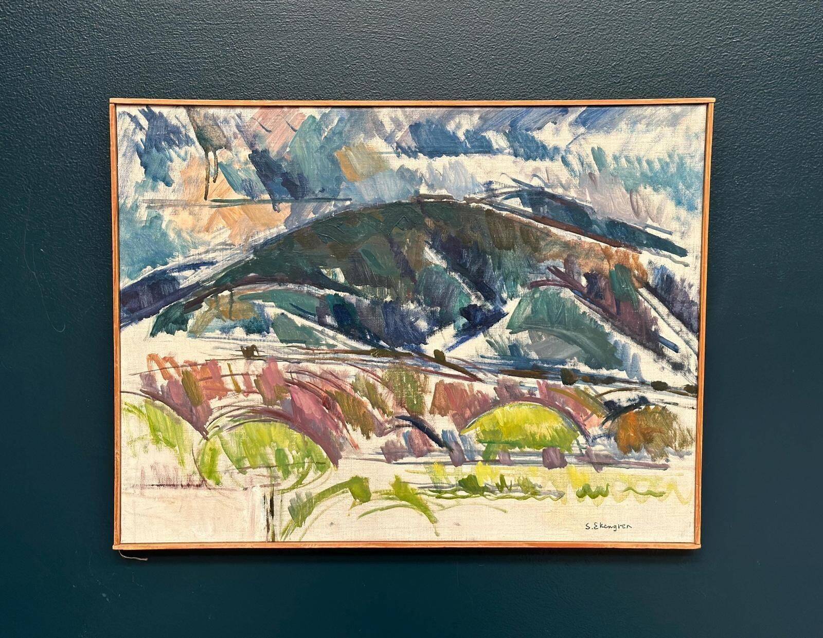Original huile sur toile suédoise du milieu du siècle – « Paysage serein » par Sture Ekengren – Vintage et encadré