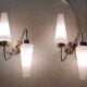 Asymmetrical brass wall lights with opaline shades, 1950s-60s.