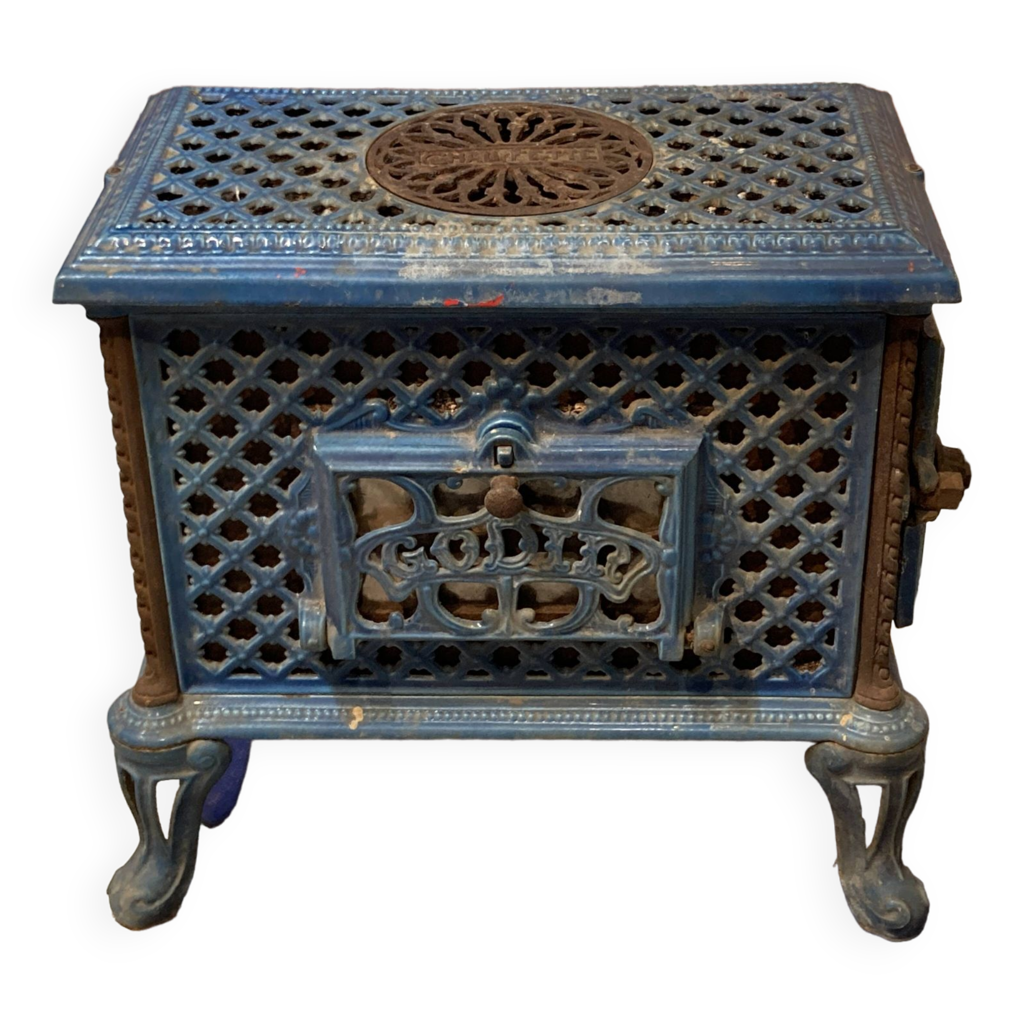 Cast iron and blue ceramic wood stove, from the Chauffette brand