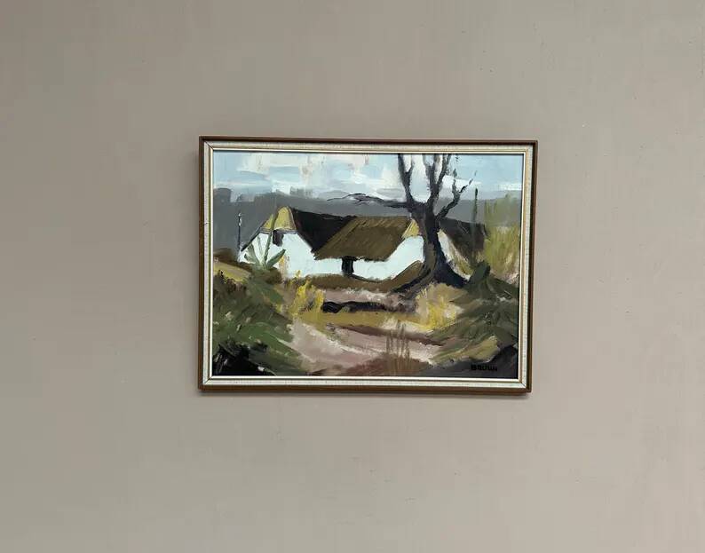 Original Swedish Oil on Canvas – "Farm" by Jörgen Bruun – Signed – Vintage and Framed – 41 × 31 cm (16.1" × 12.2")