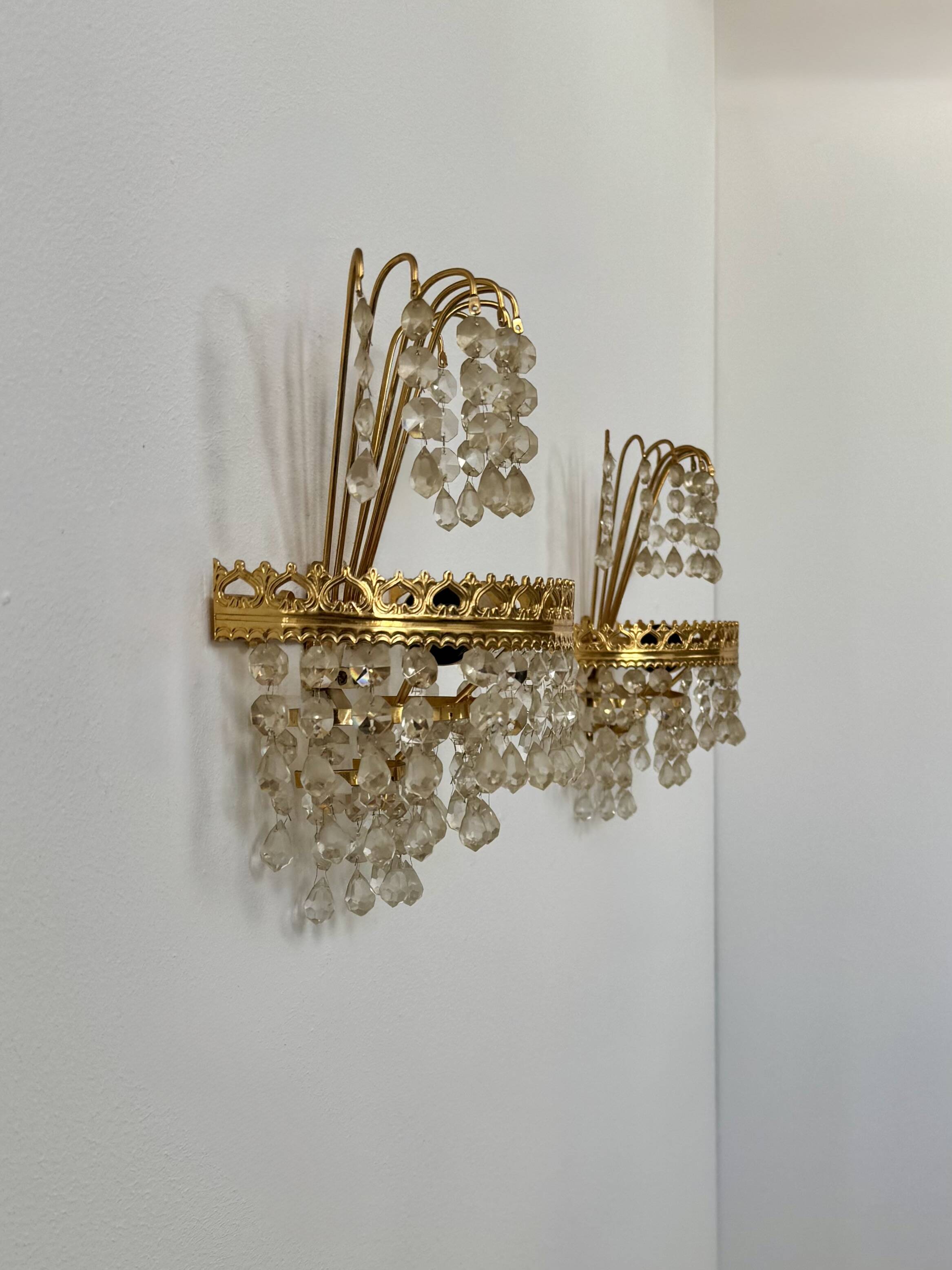 Pair of vintage wall sconces, glass and brass, Sweden, 1970.