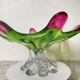 Sunburst shaped Murano centerpiece in lime green & fushsia  - Sommerso