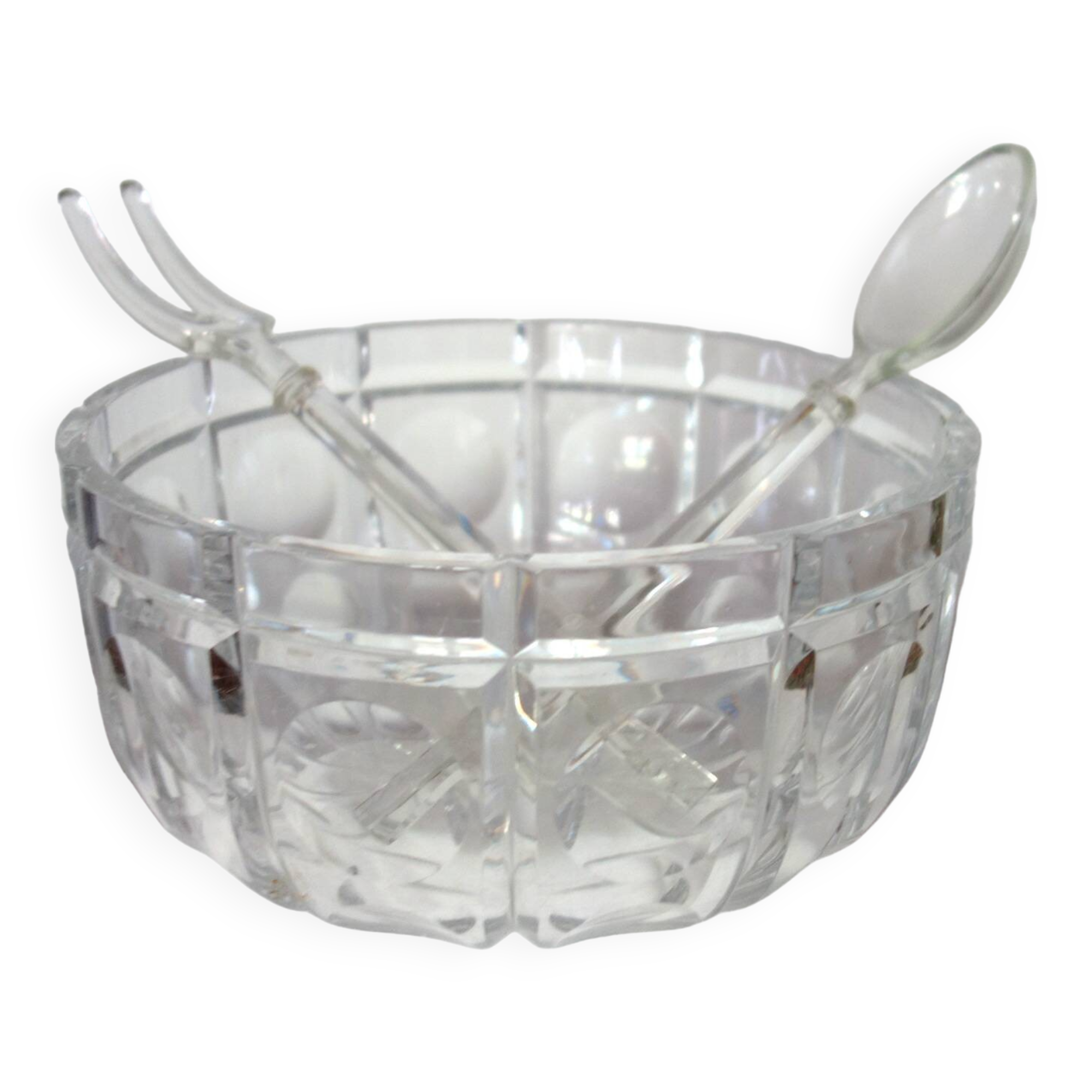 Vintage Bohemian cut crystal salad bowl and cutlery