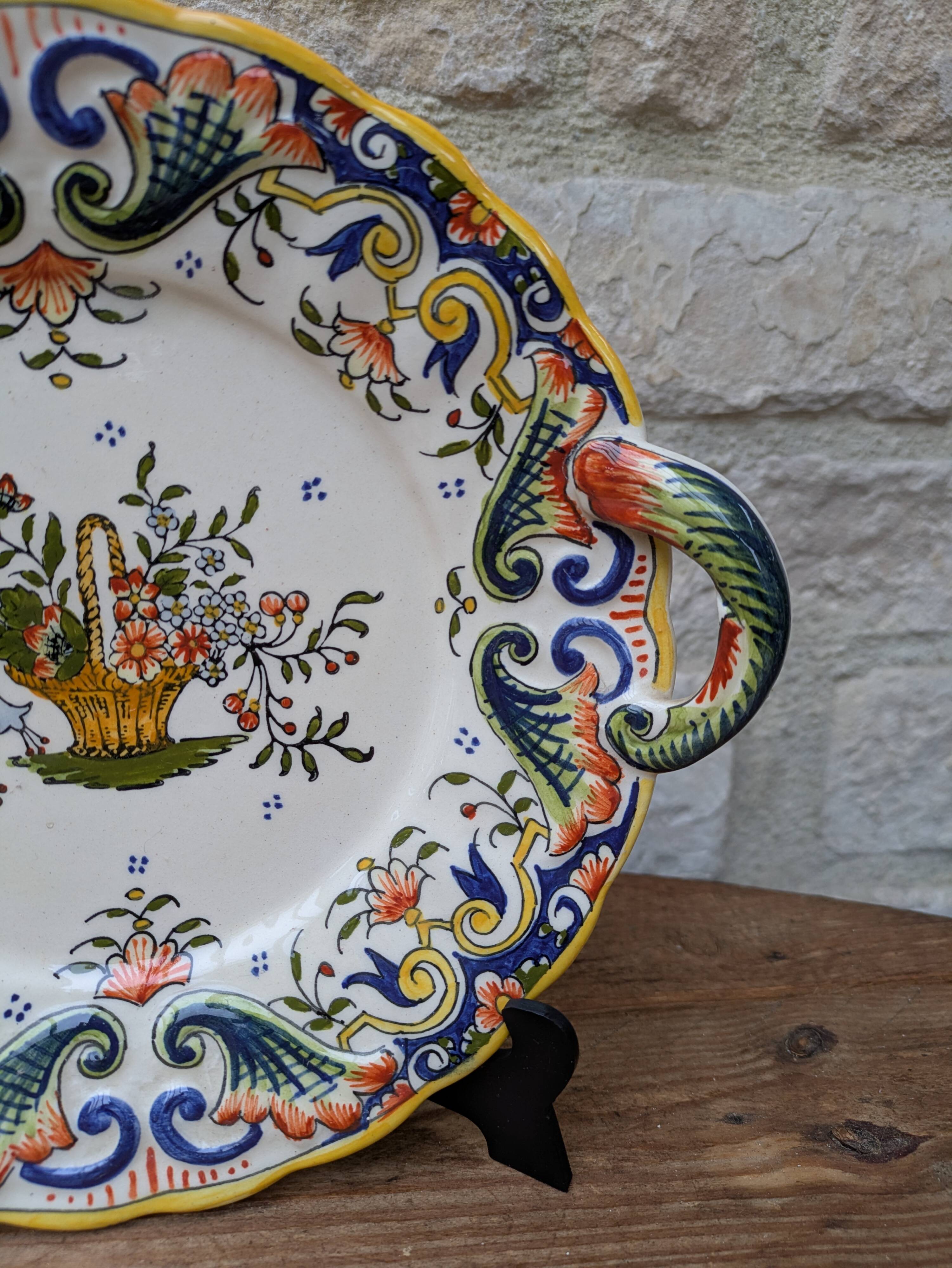Old decorative plate with handles Old Rouen handmade