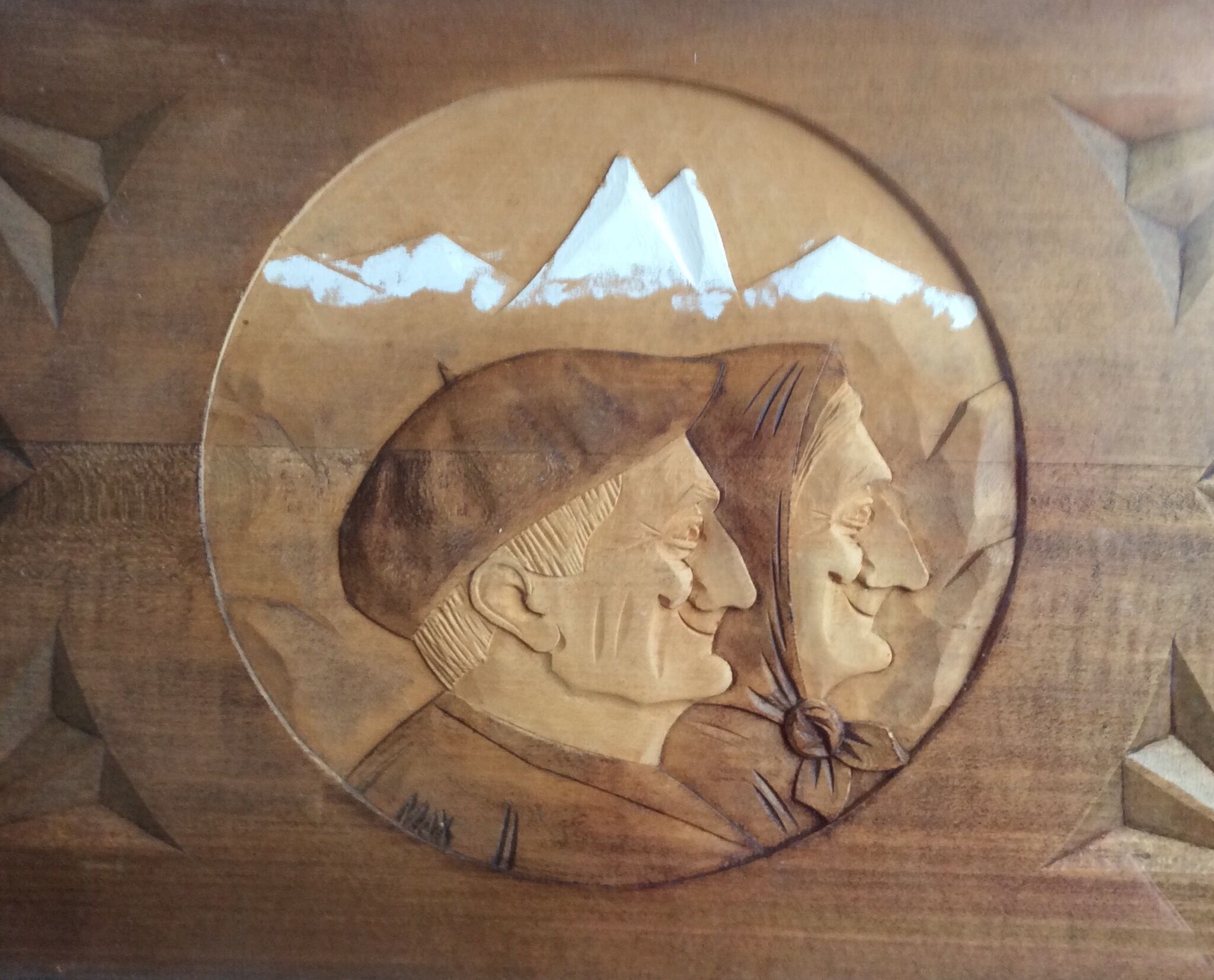 Old carved solid wood top, with glass plate - 50s