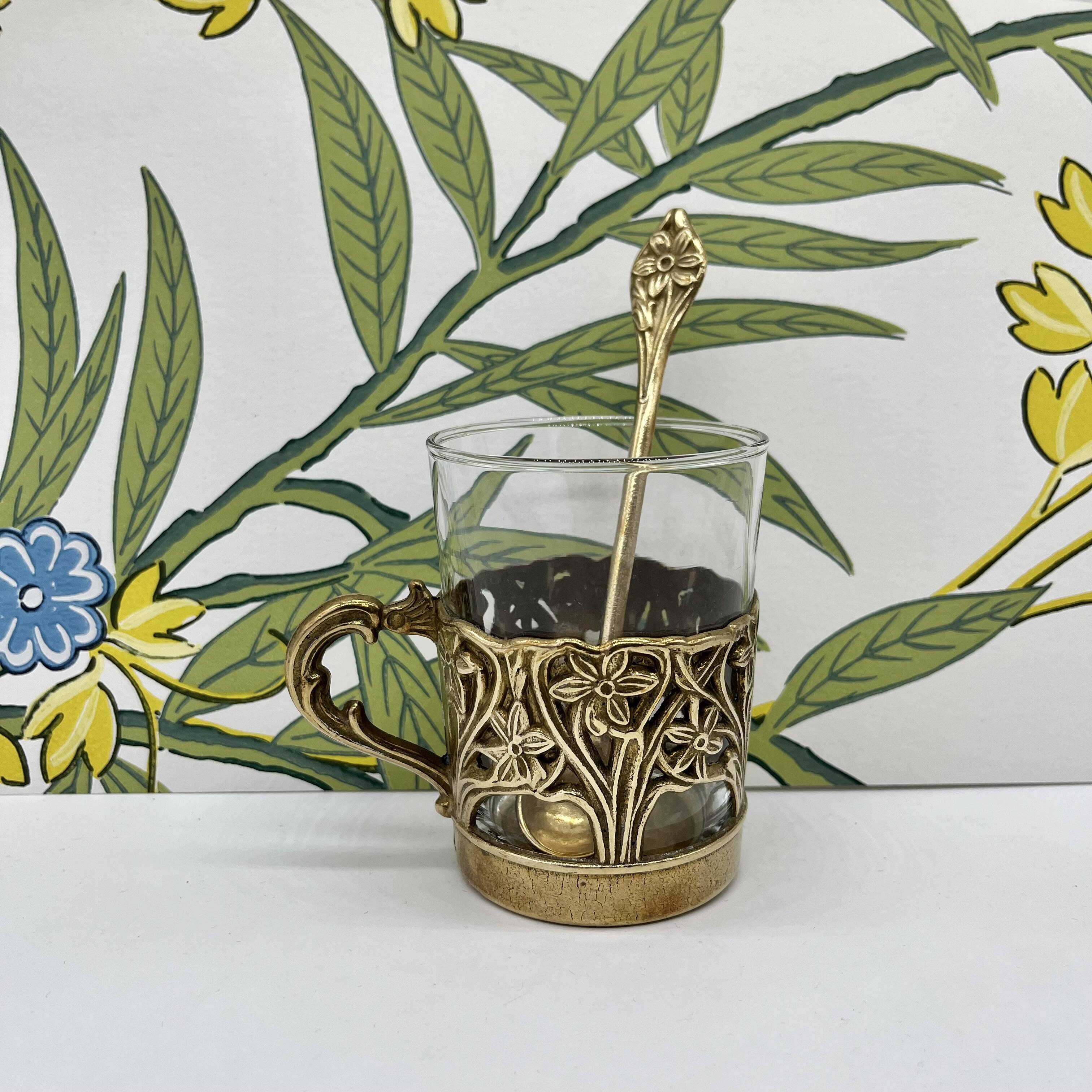 Solid brass teacup and spoon with Art Nouveau flower decor