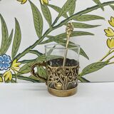 Solid brass teacup and spoon with Art Nouveau flower decor