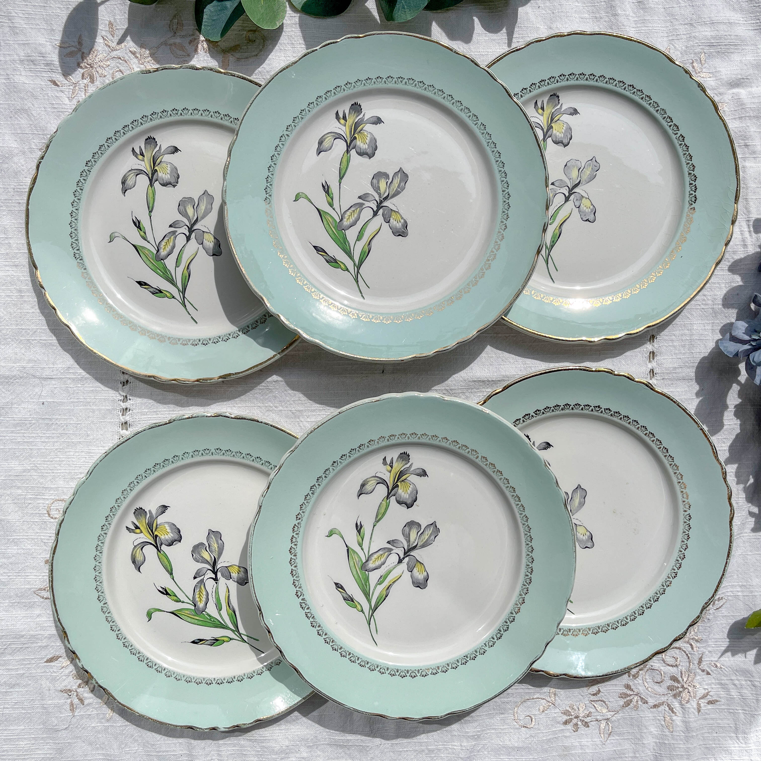 6 vintage white and green porcelain dinner plates Iris Moulin des Loups "Sargosse" 1950s