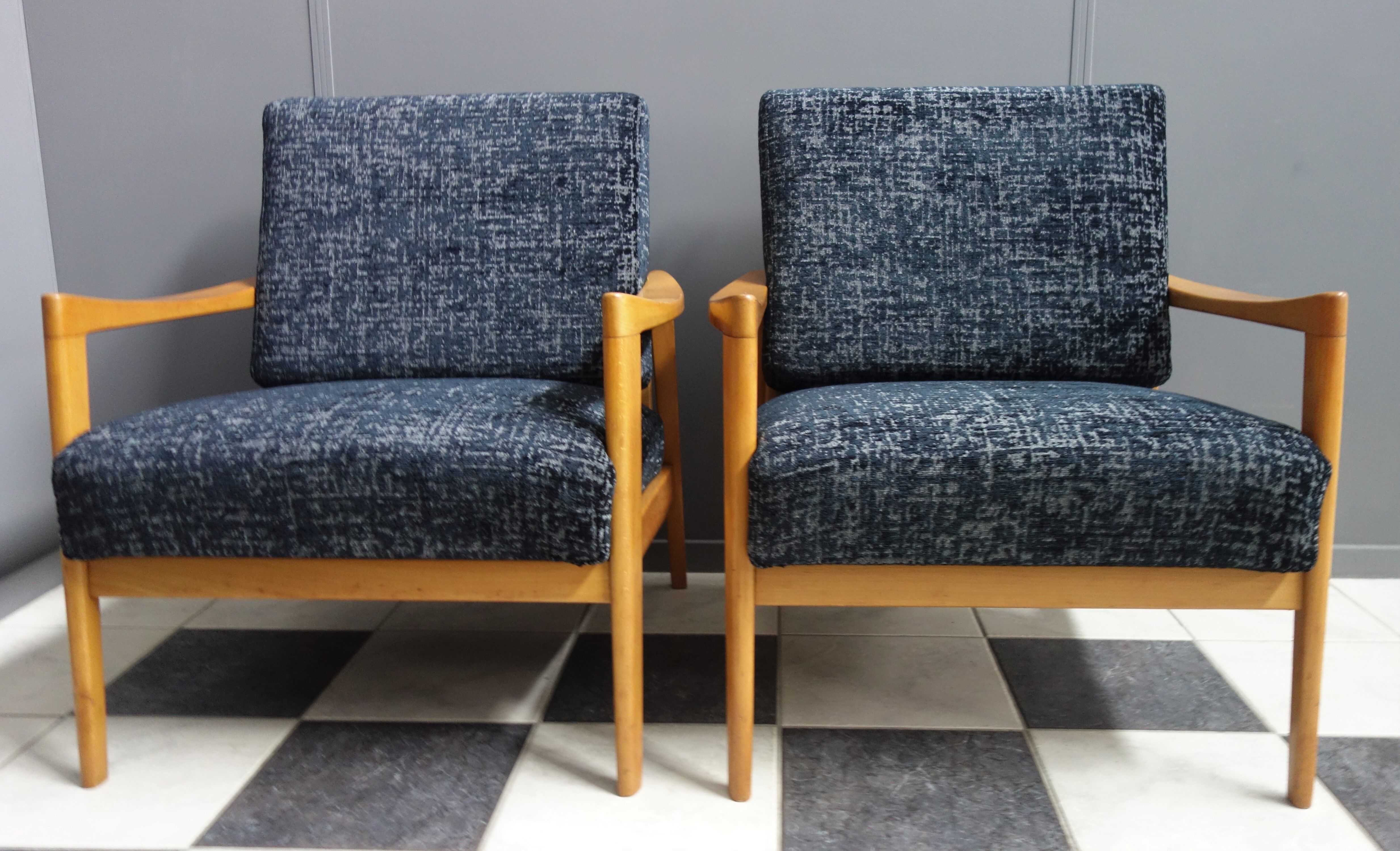 Black velvet-like fabric chairs in beech frame 1960s
