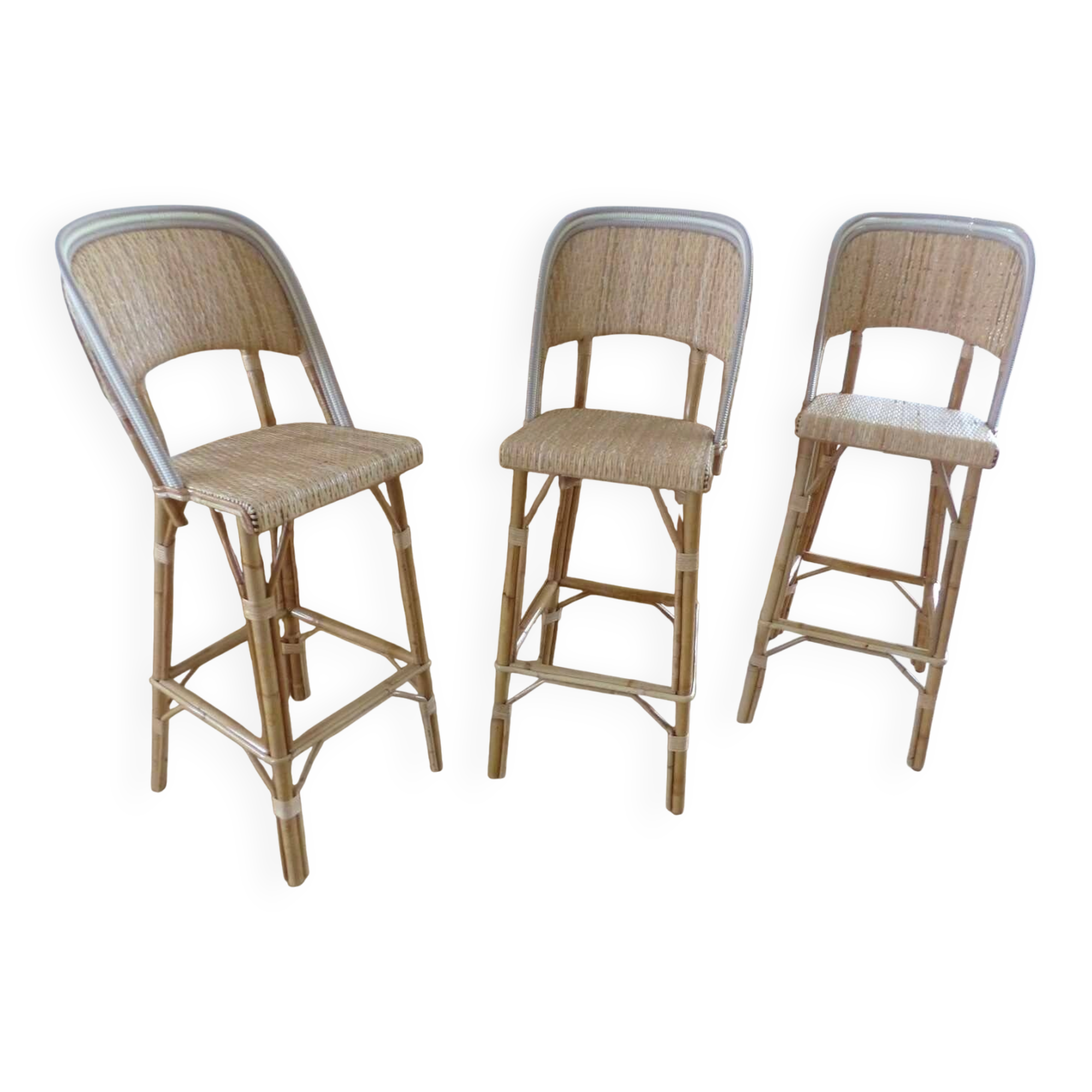 Lot of 3 Maison Louis Drucker light Manila rattan bistro high chairs.