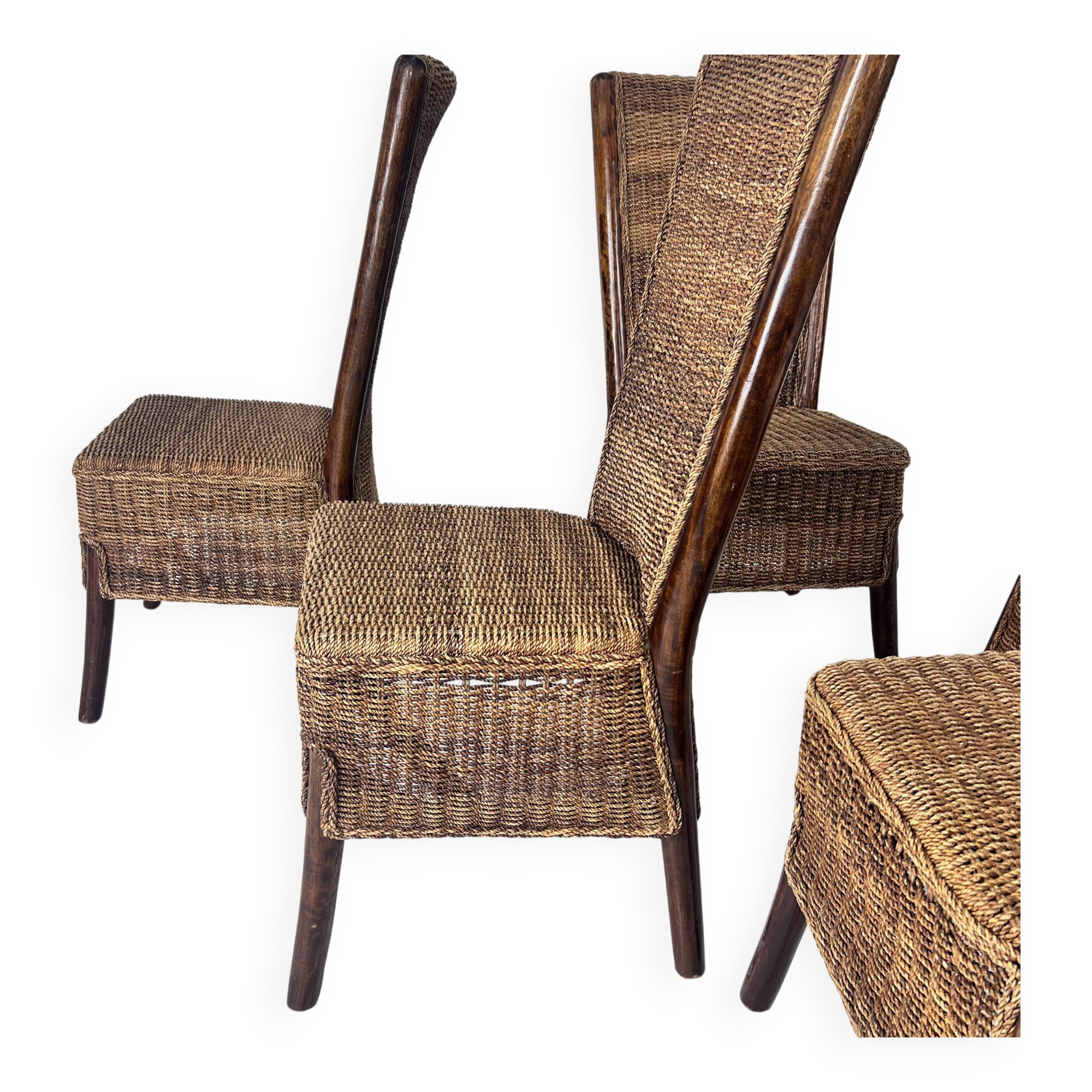 Set of 6 French Rope and Wood Dining Chairs, France, 1970s
