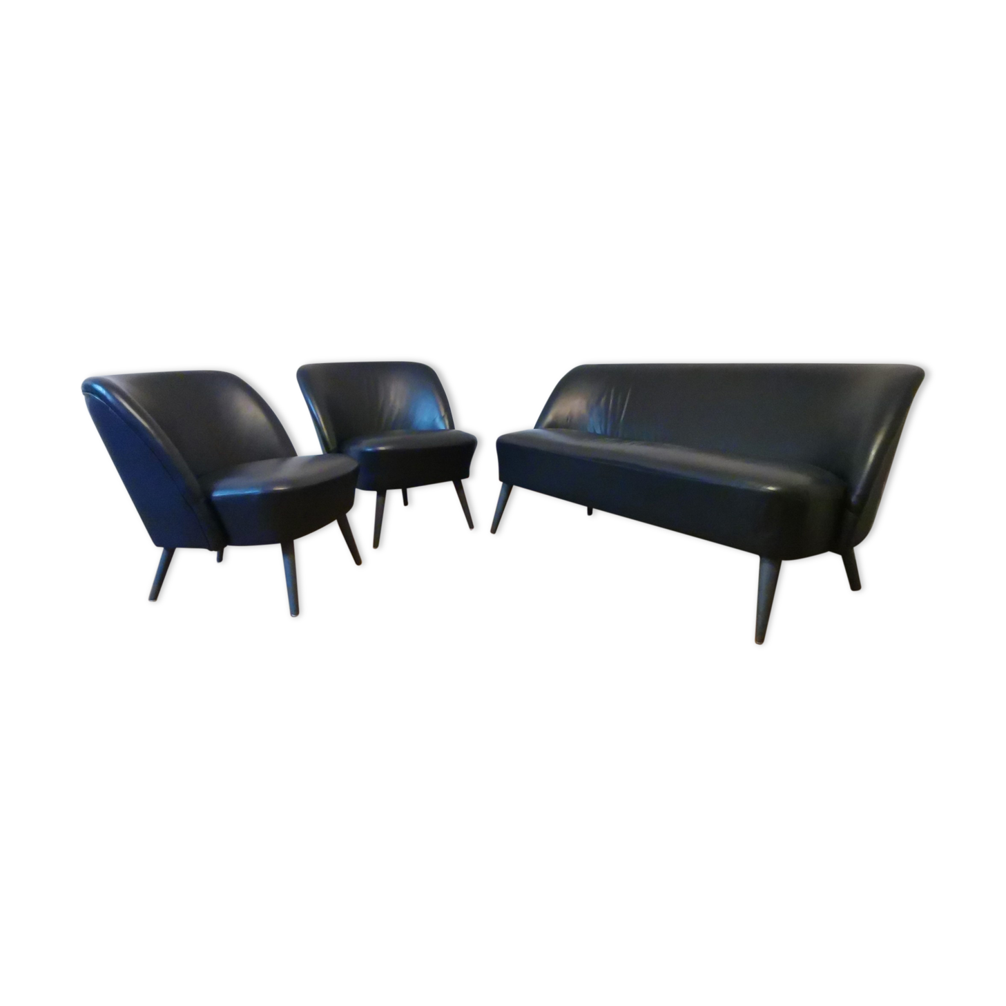 Living room sofa 2 black leather armchairs