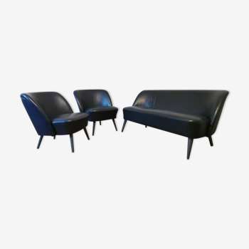 Sofa lounge 2 armchairs heated black leather