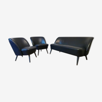 Salon canapé 2 fauteuils chauffeuses cuir noir