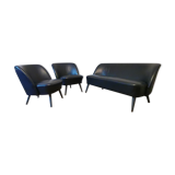 Living room sofa 2 black leather armchairs