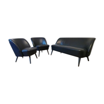 Living room sofa 2 black leather armchairs