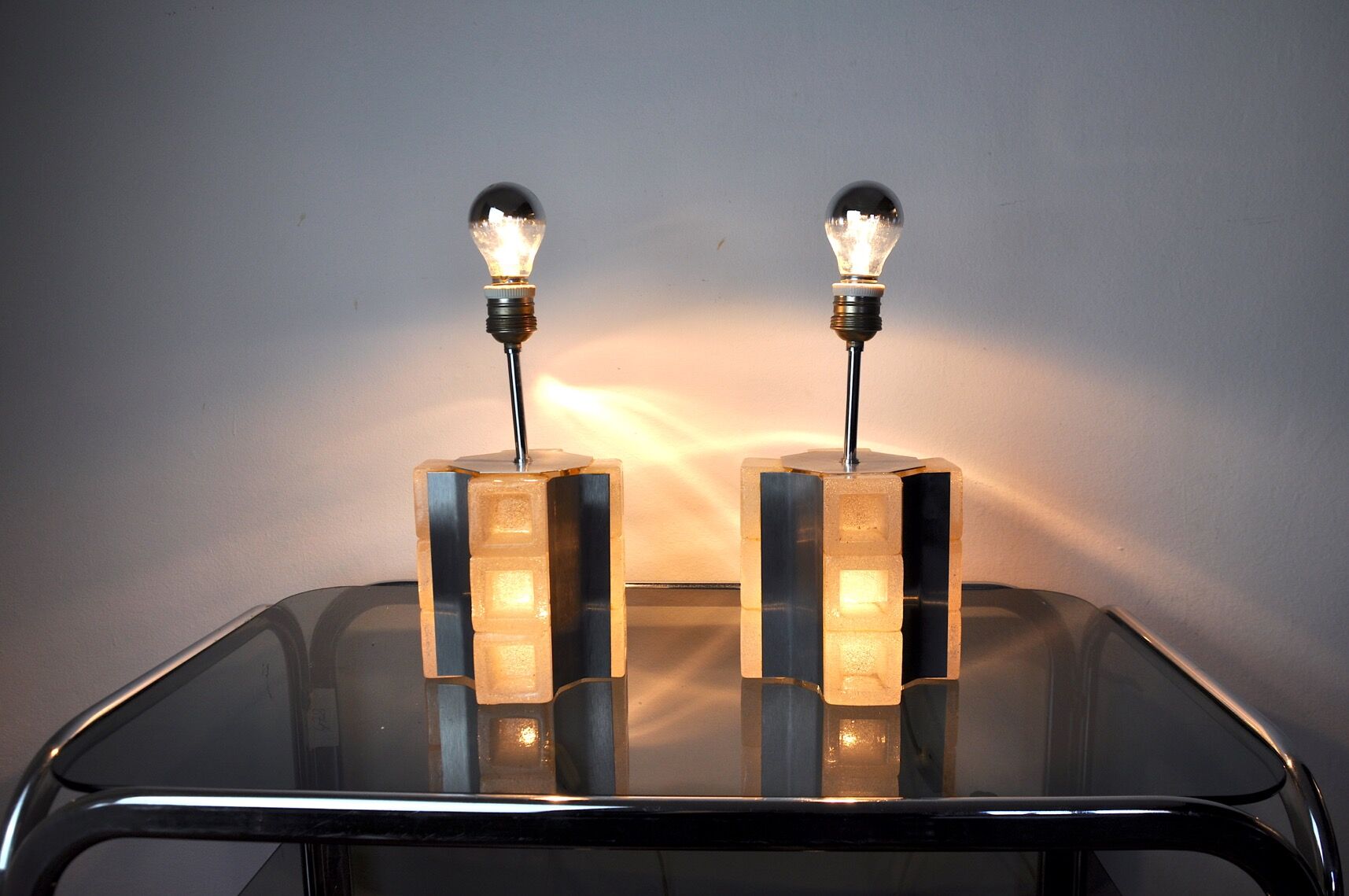 Pair of Poliarte Cubic lamps by Albano Poli, murano glass, Italy, 1960