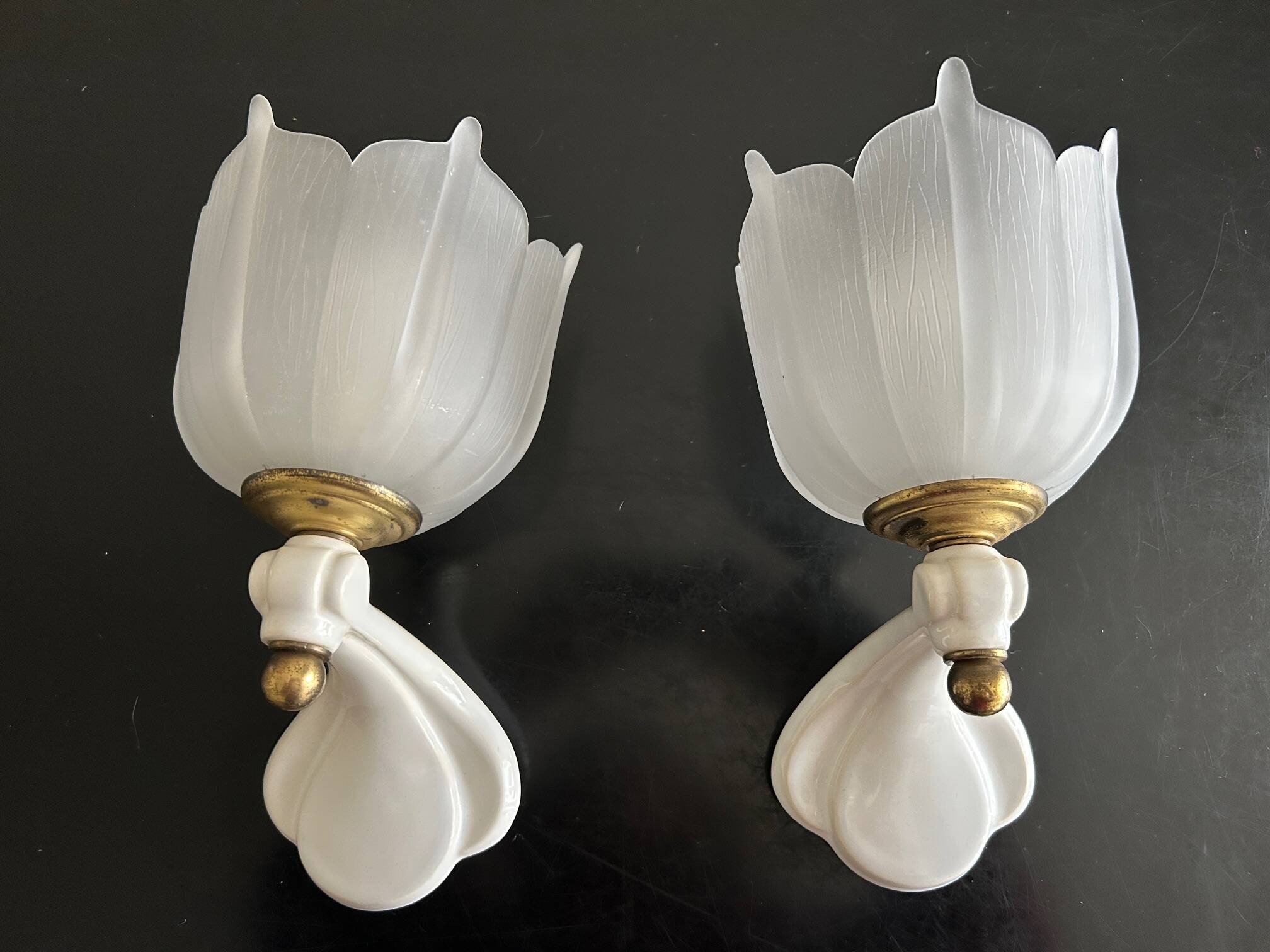 pair of ceramic and frosted glass wall lights 1950