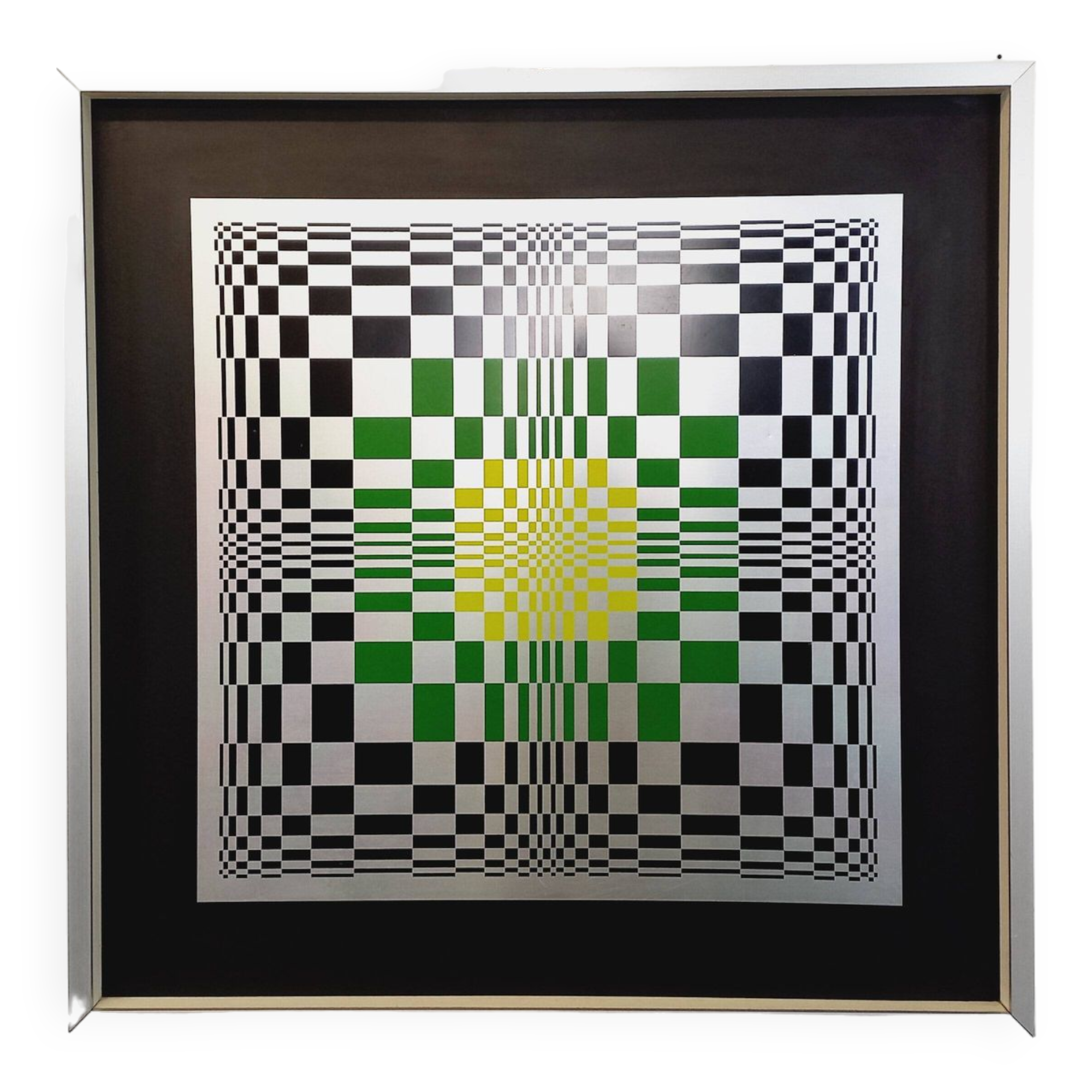 Typical silkscreen painting in kinetic checkerboard on aluminum, Italian abstract design in Vasarely style