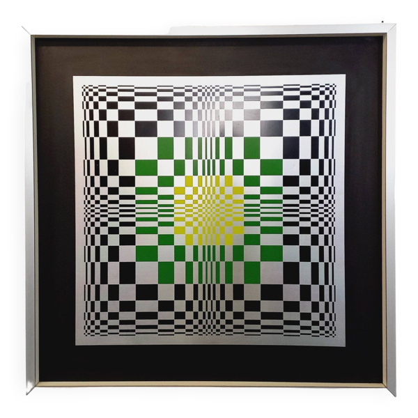 Tableau type sérigraphie en damier cinétique sur aluminium, design abstrait italien style Vasarely