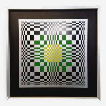 Typical silkscreen painting in kinetic checkerboard on aluminum, Italian abstract design in Vasarely style