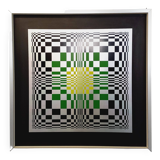 Typical silkscreen painting in kinetic checkerboard on aluminum, Italian abstract design in Vasarely style