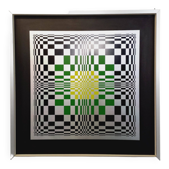 Tableau type sérigraphie en damier cinétique sur aluminium, design abstrait italien style Vasarely