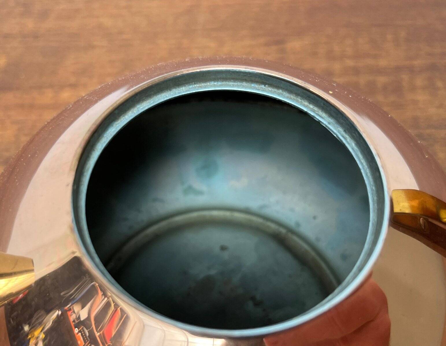 Metal and teak teapot from the mid-century, 1960s.