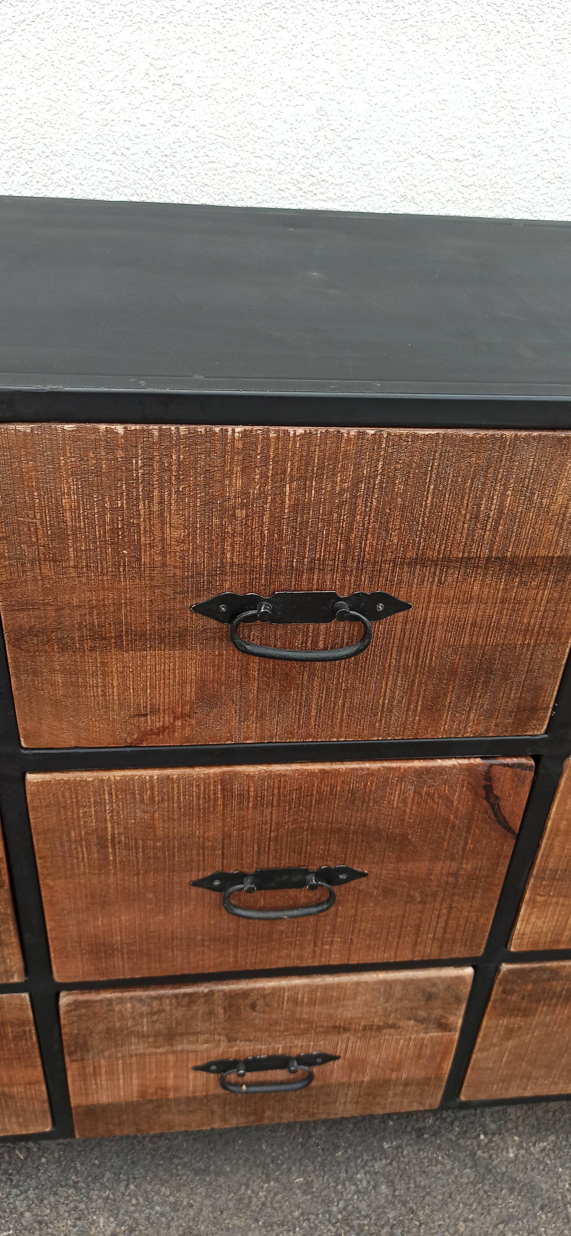 Black metal sideboard with wooden drawers
