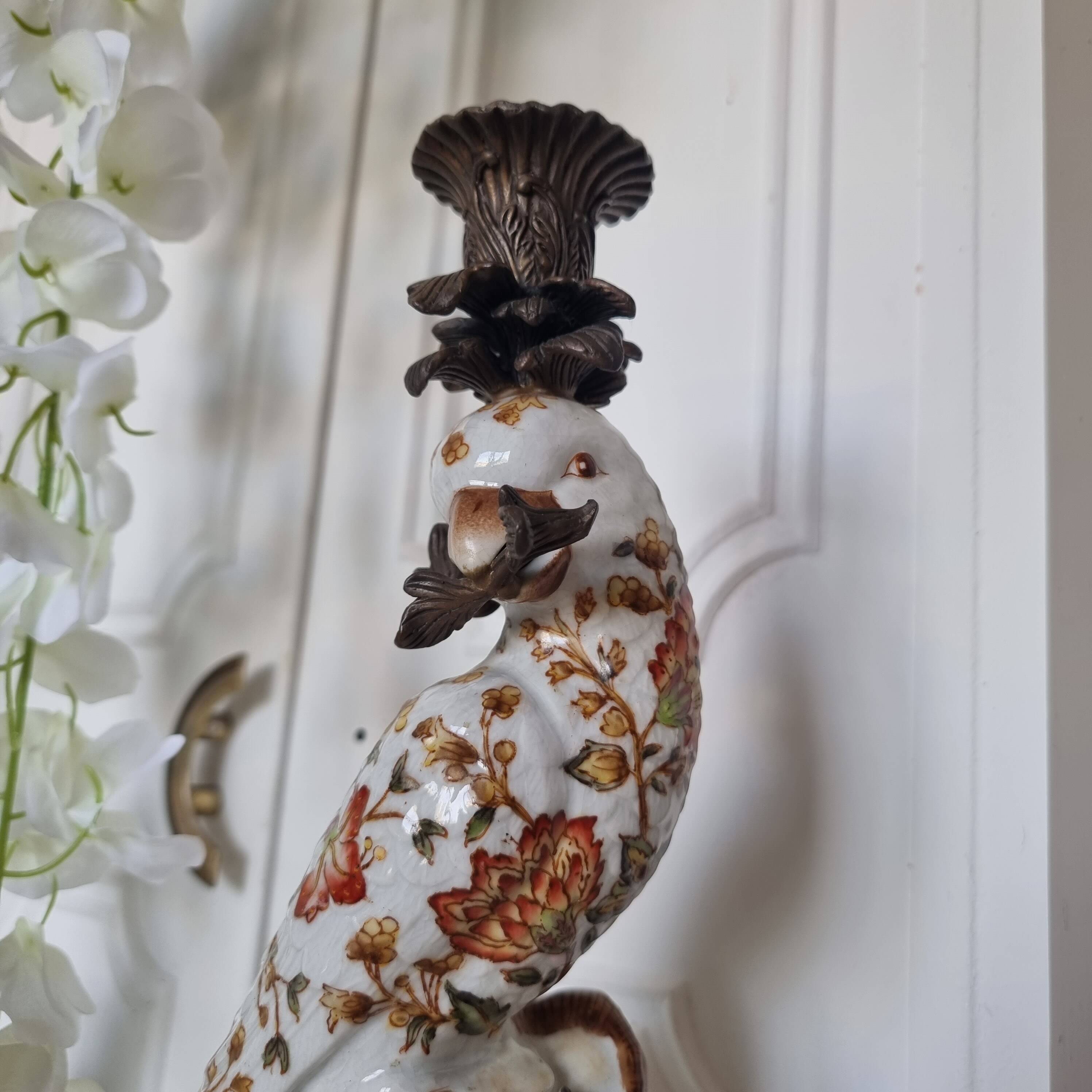 Parrot Candle Holder, Enameled Porcelain and Bronze, Late 19th Century