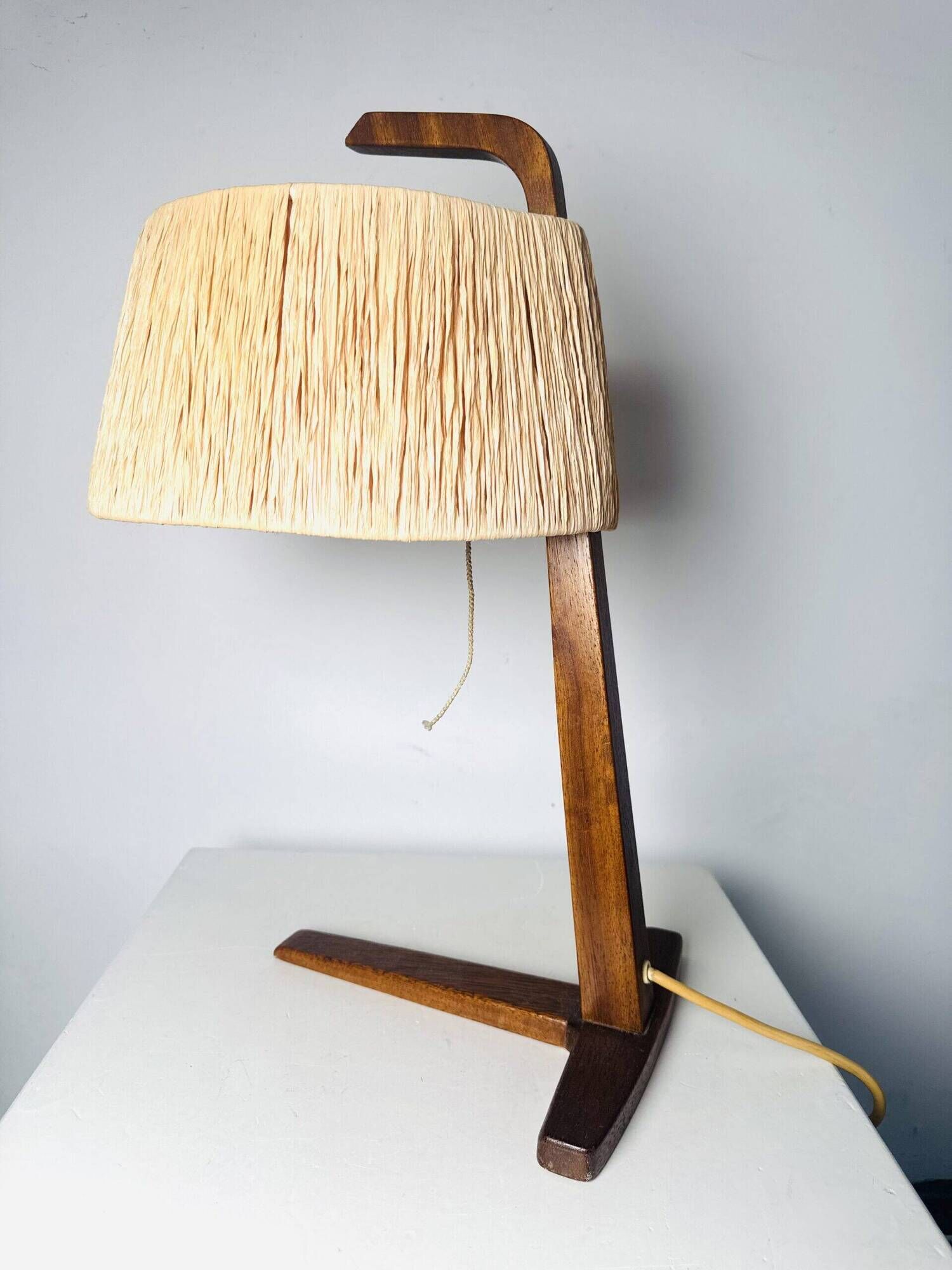 Natural Fibre & Teak Wood Table Lamp By Ib Fabiansen For Fog & Mørup, Denmark 1950S