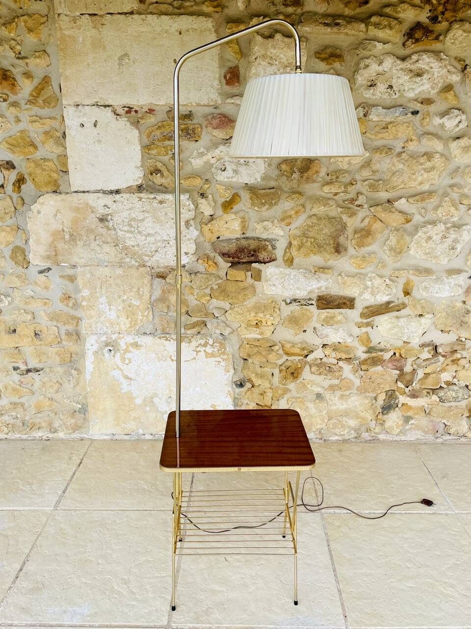 Vintage articulated floor lamp with shelf and magazine holder 1960s