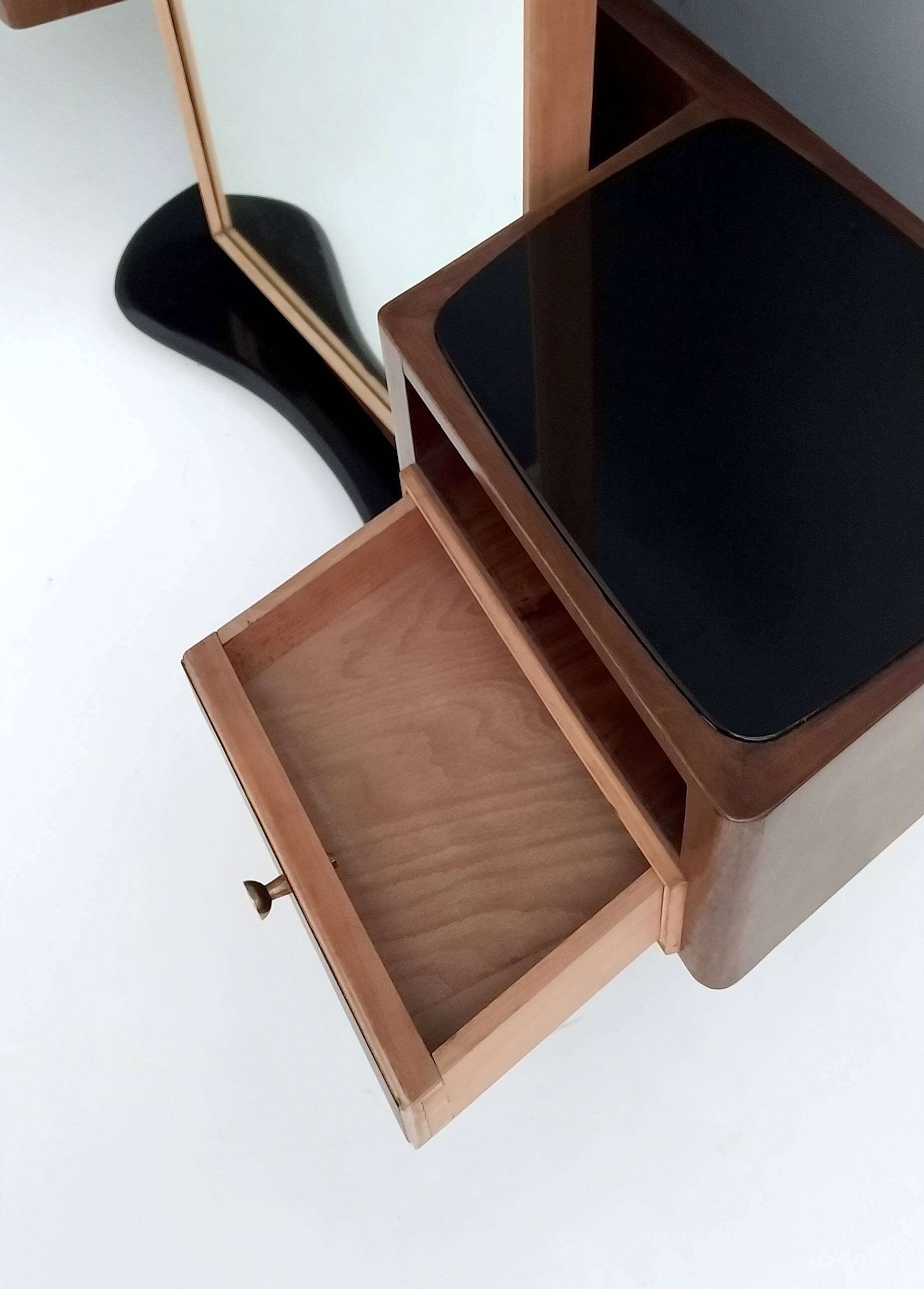 Wooden Entryway Mirror Organizer with Black Glass Tops, Italy