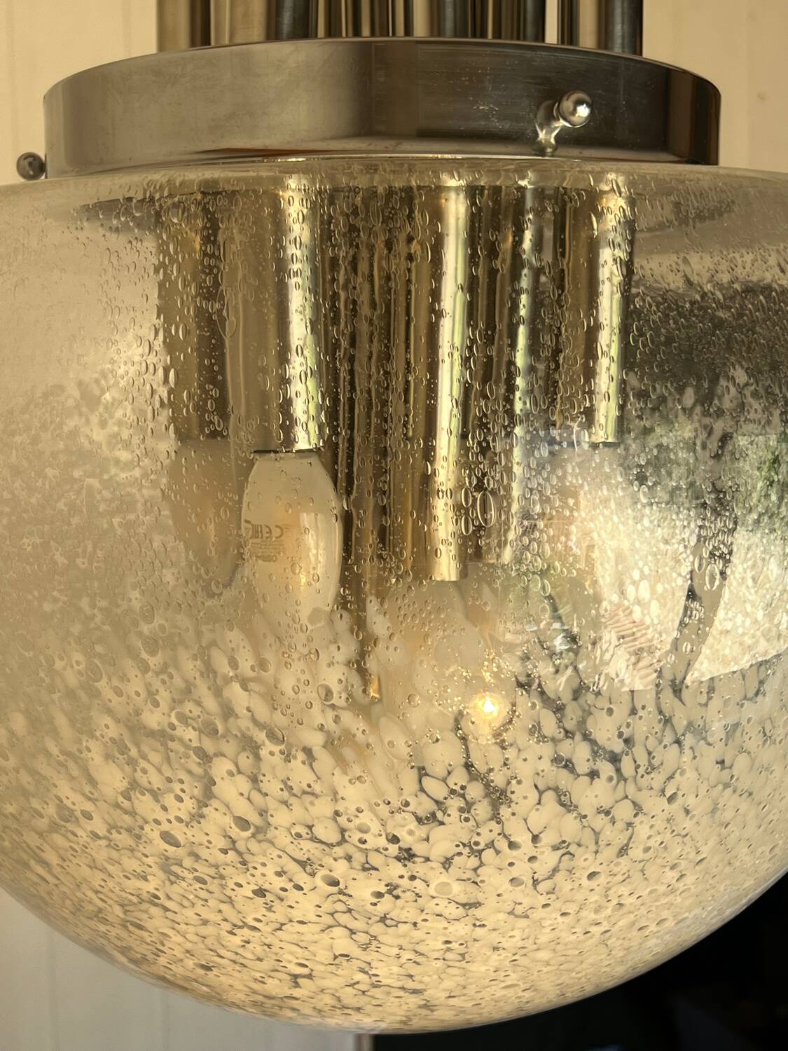 Very large Mazzega pendant light in chrome organ and Murano glass