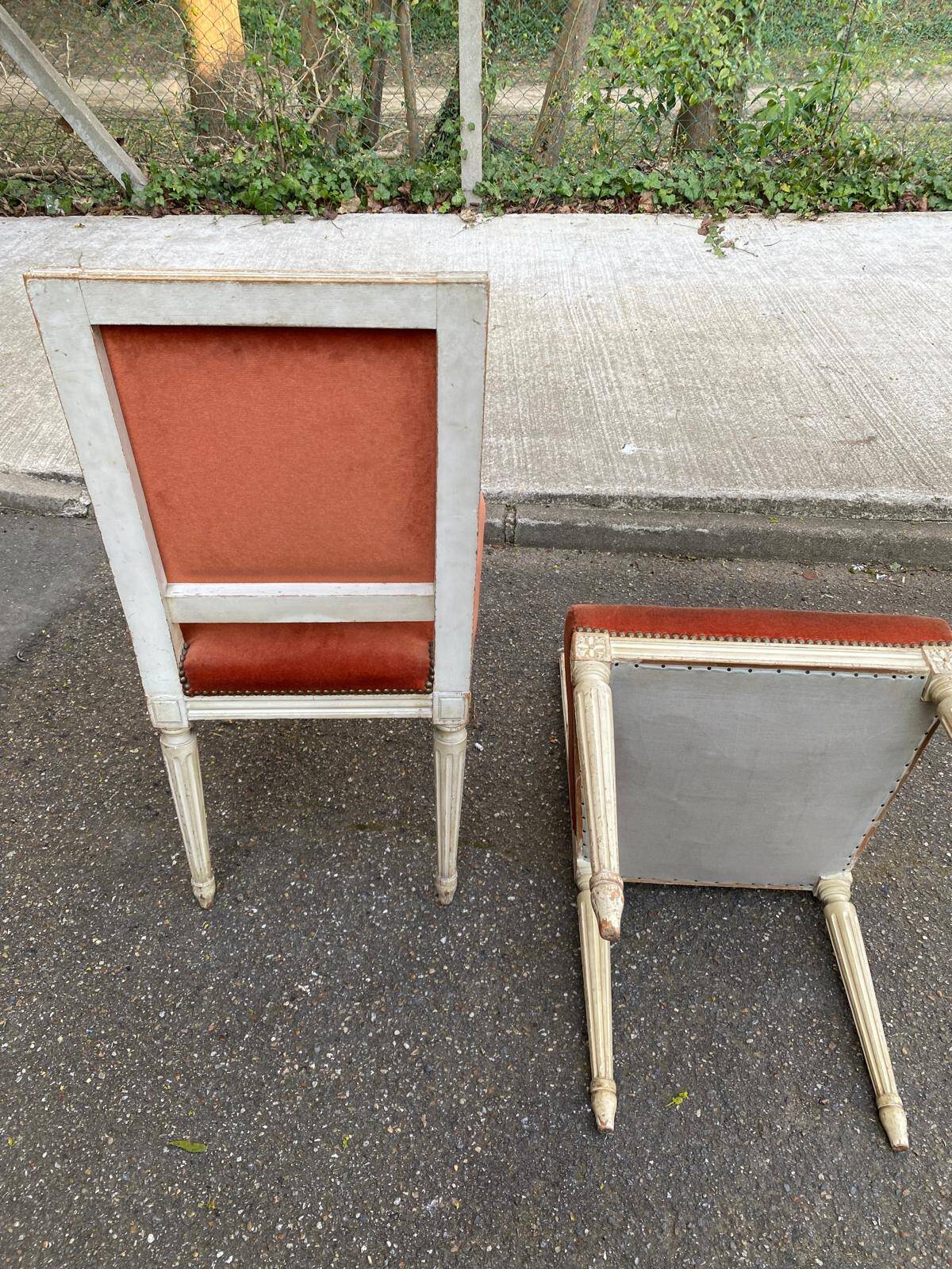 2 Louis XVI chairs in solid wood and orange velvet.