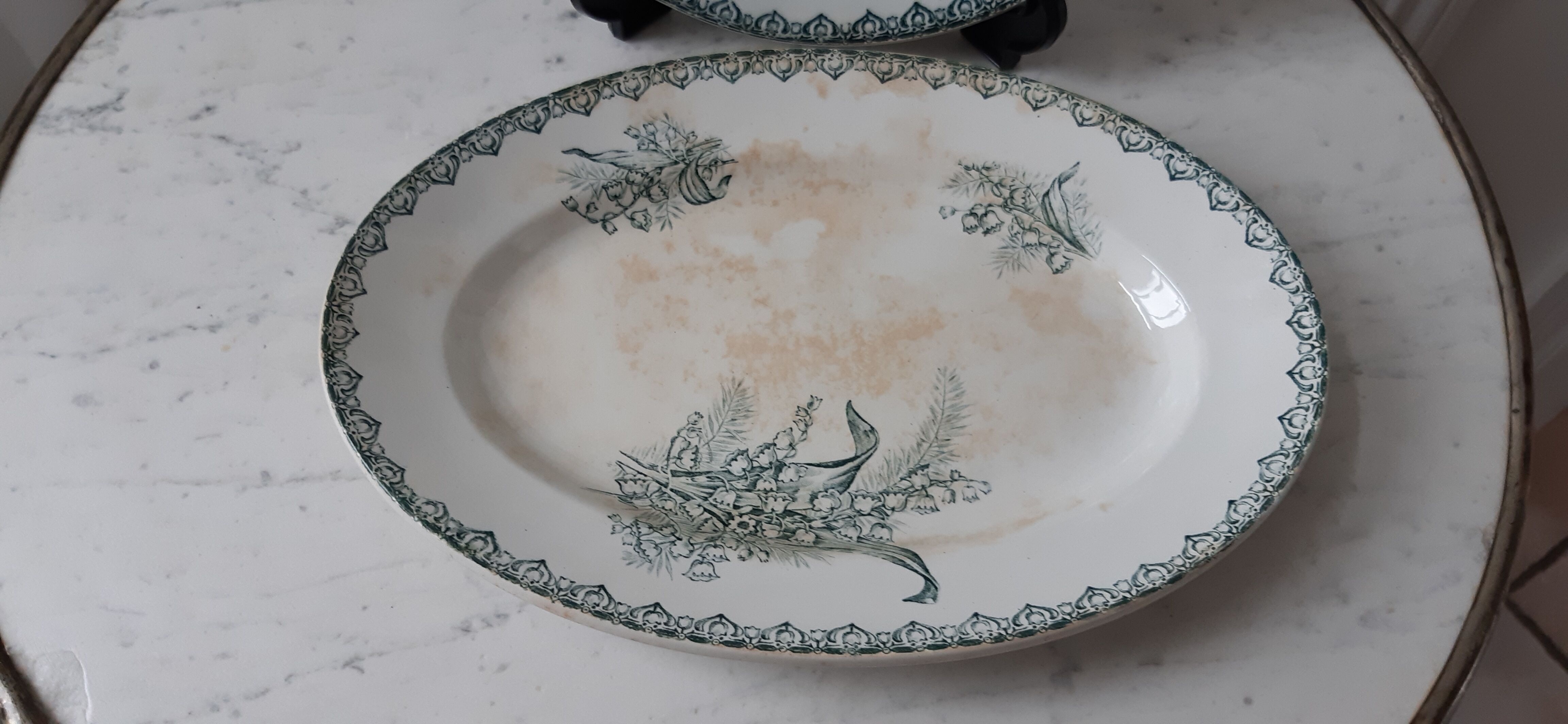 Duo of dishes Saint-Amand Terre de Fer, model Muguet, XIXth