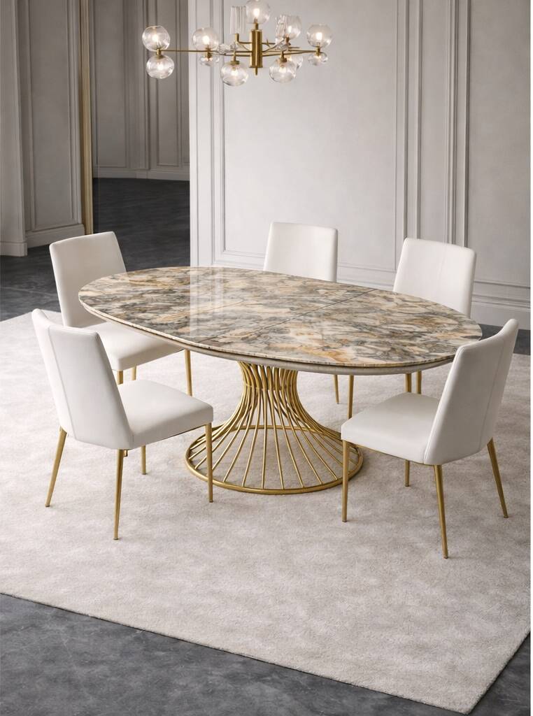Extendable oval table in ceramic with marble effect and golden central base – Sty