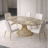 Extendable oval table in ceramic with marble effect and golden central base – Sty
