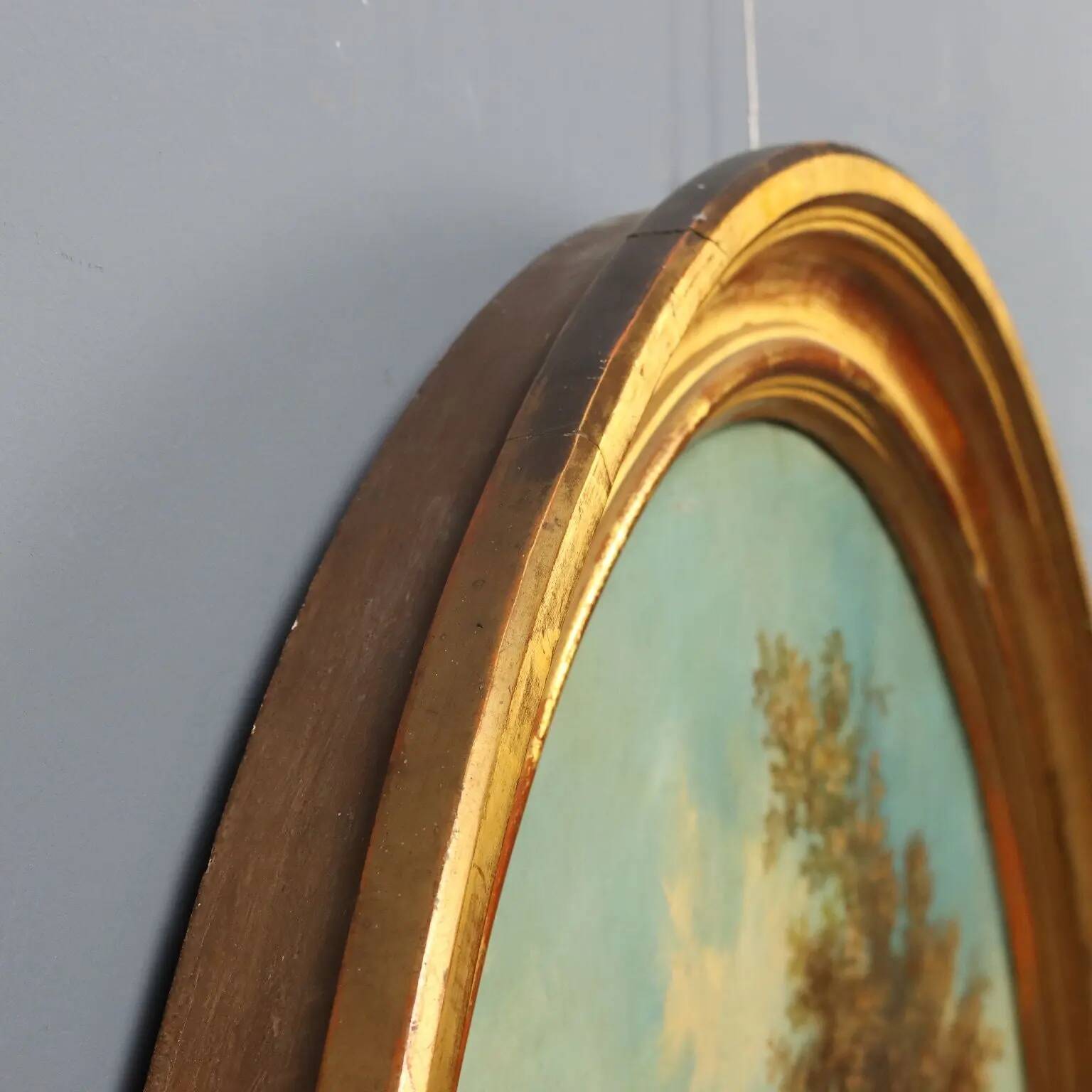 Peinture ancienne paysage avec rivière, huile sur panneau dur XVIII Century