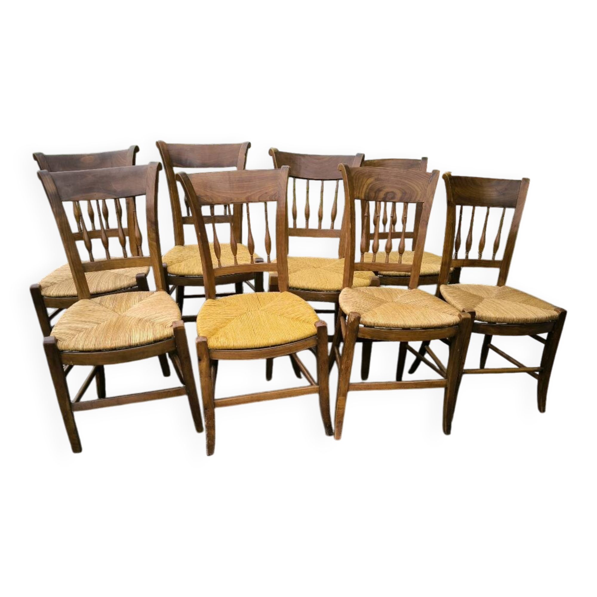 Set of 8 solid cherrywood chairs with straw seats, Directoire period