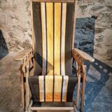 Vintage French folding lounge chair – 1950s/60s in beech with striped canvas, adjustable recliner